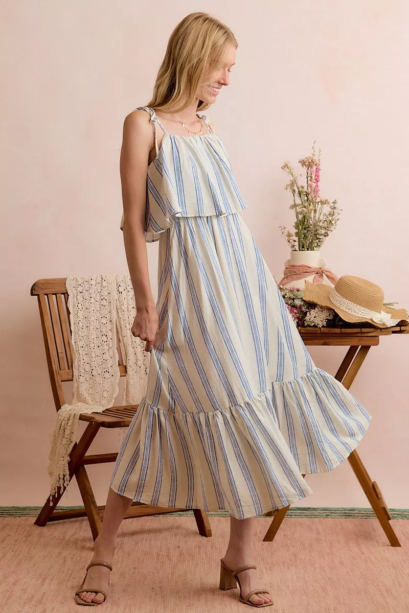 Blue-and-white striped midi dress with tiered ruffle bodice and flared tiered hem