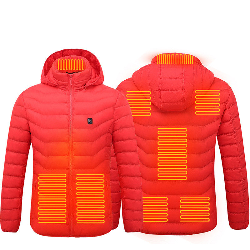 Men heated puffer jacket in red, front and back views with glowing heating zones