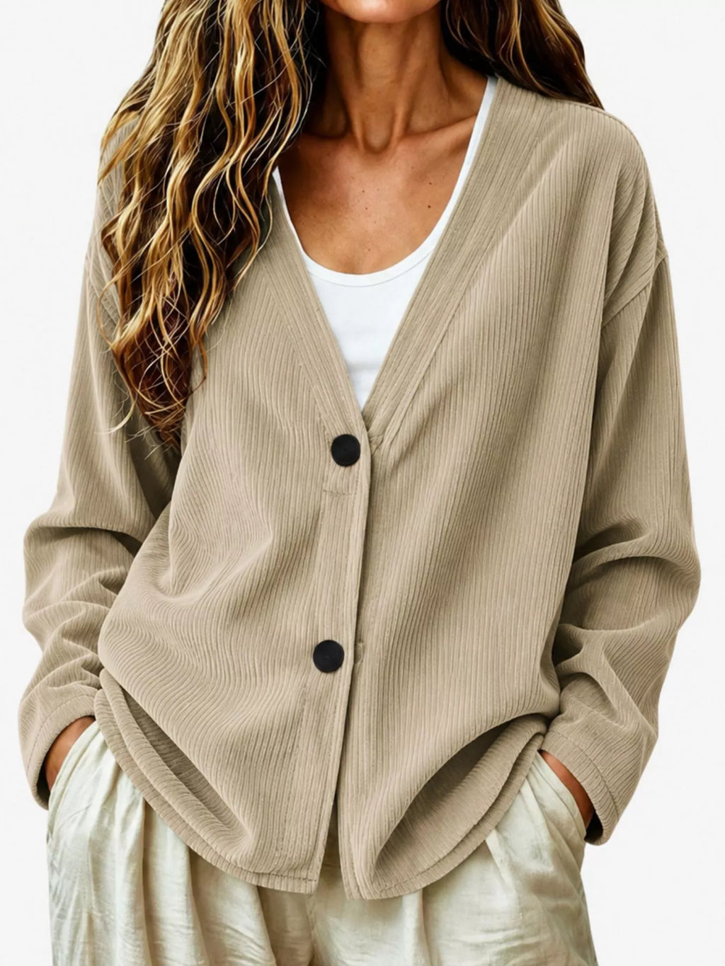 Khaki corduroy button-up cardigan with V-neck and two front patch pockets