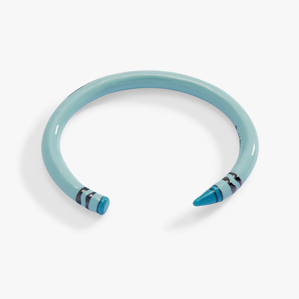 Robin's egg blue Crayola crayon cuff bracelet viewed from above, striped ends