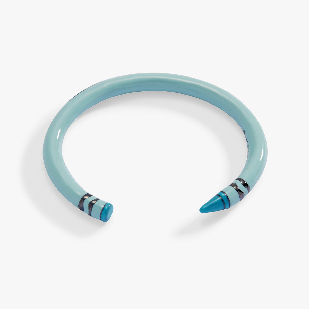 Robin's egg blue Crayola crayon cuff bracelet viewed from above, striped ends
