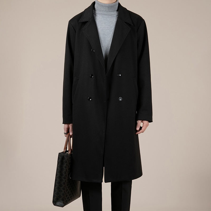 Black mid-length wool trench coat with notched lapels and double-breasted button front