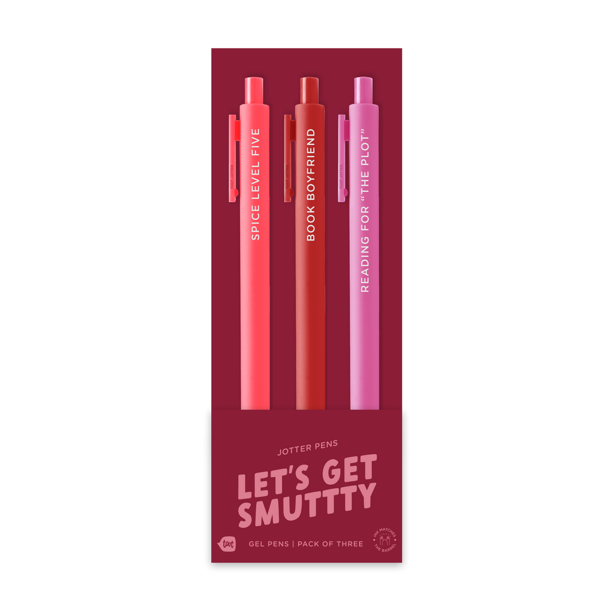 3-pack gel pen set: pink, orange, and pale pink pens with “LET’S GET SMUTTY” text.
