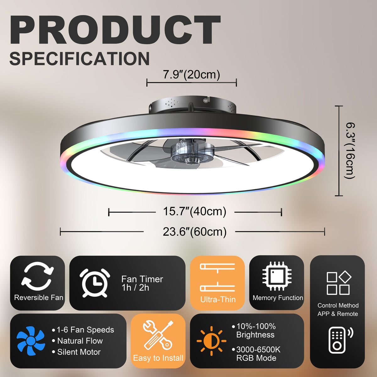 Black flush-mount RGB ceiling fan with LED ring and compact low-profile design