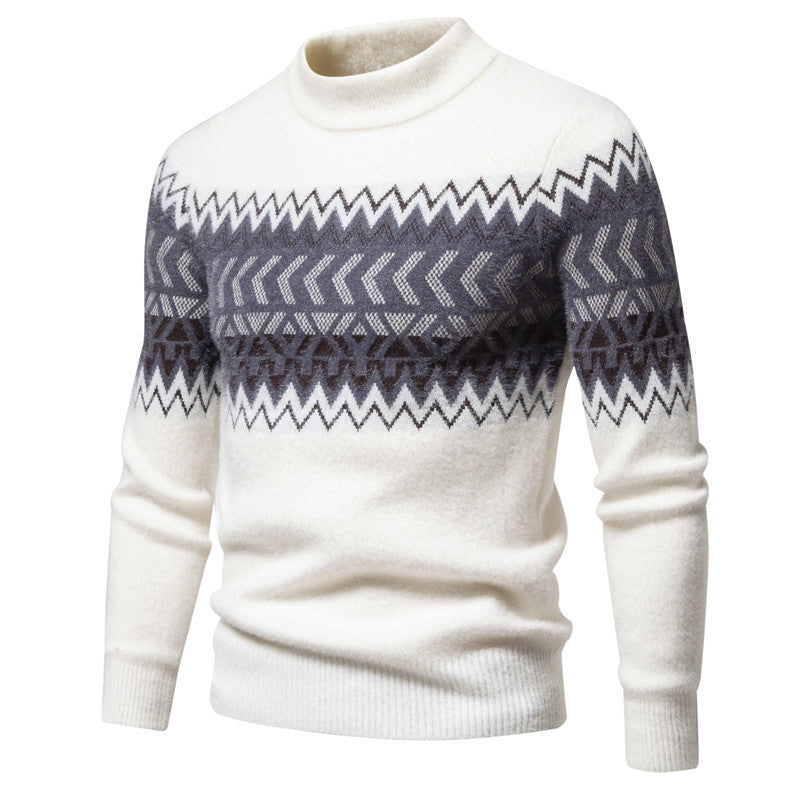 Men's printed round-neck sweater, white with dark geometric stripe pattern