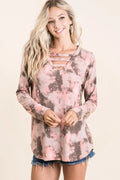 Tie-dye French terry V-neck top with crisscross neckline, long sleeves, pink and taupe pattern