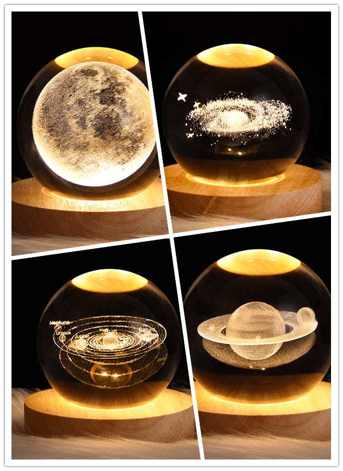 LED galaxy crystal ball lamp on wooden base with multiple glowing planet scenes
