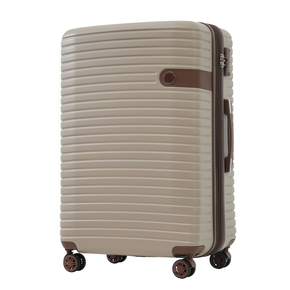 Beige hard-shell suitcase with brown circular accent and four spinner wheels