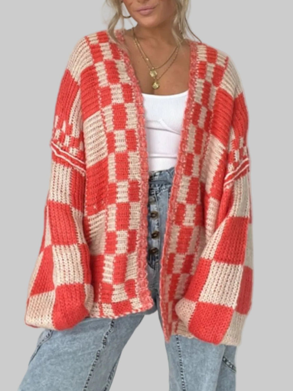 Red plaid open-front long sleeve knit cardigan sweater with cuffed sleeves
