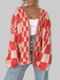 Red plaid open-front long sleeve knit cardigan sweater with cuffed sleeves