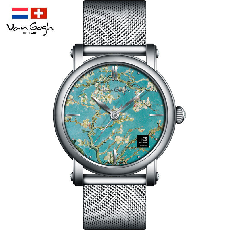 Women's Van Gogh quartz watch with silver mesh strap and blue floral dial