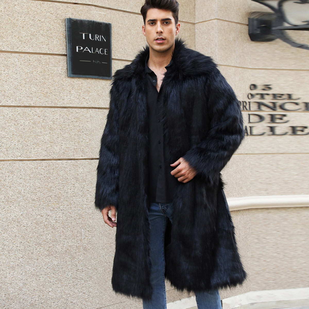 Mens long faux fur coat, black with open front and notched collar