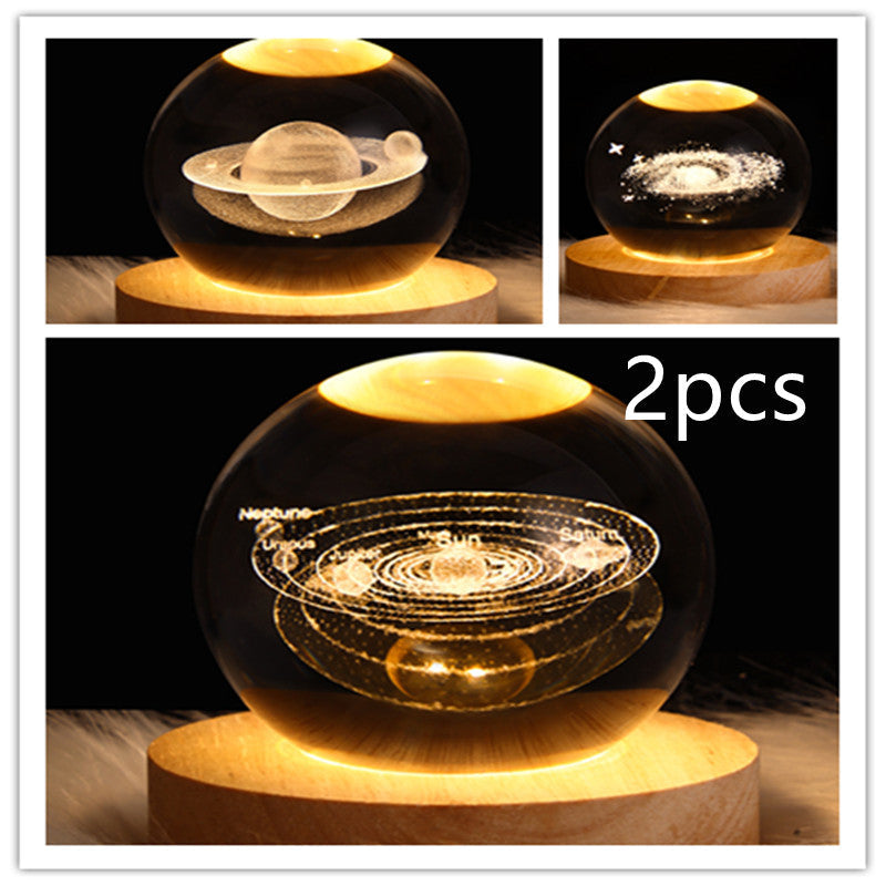 LED galaxy crystal ball table lamp showing glowing spiral planet rings