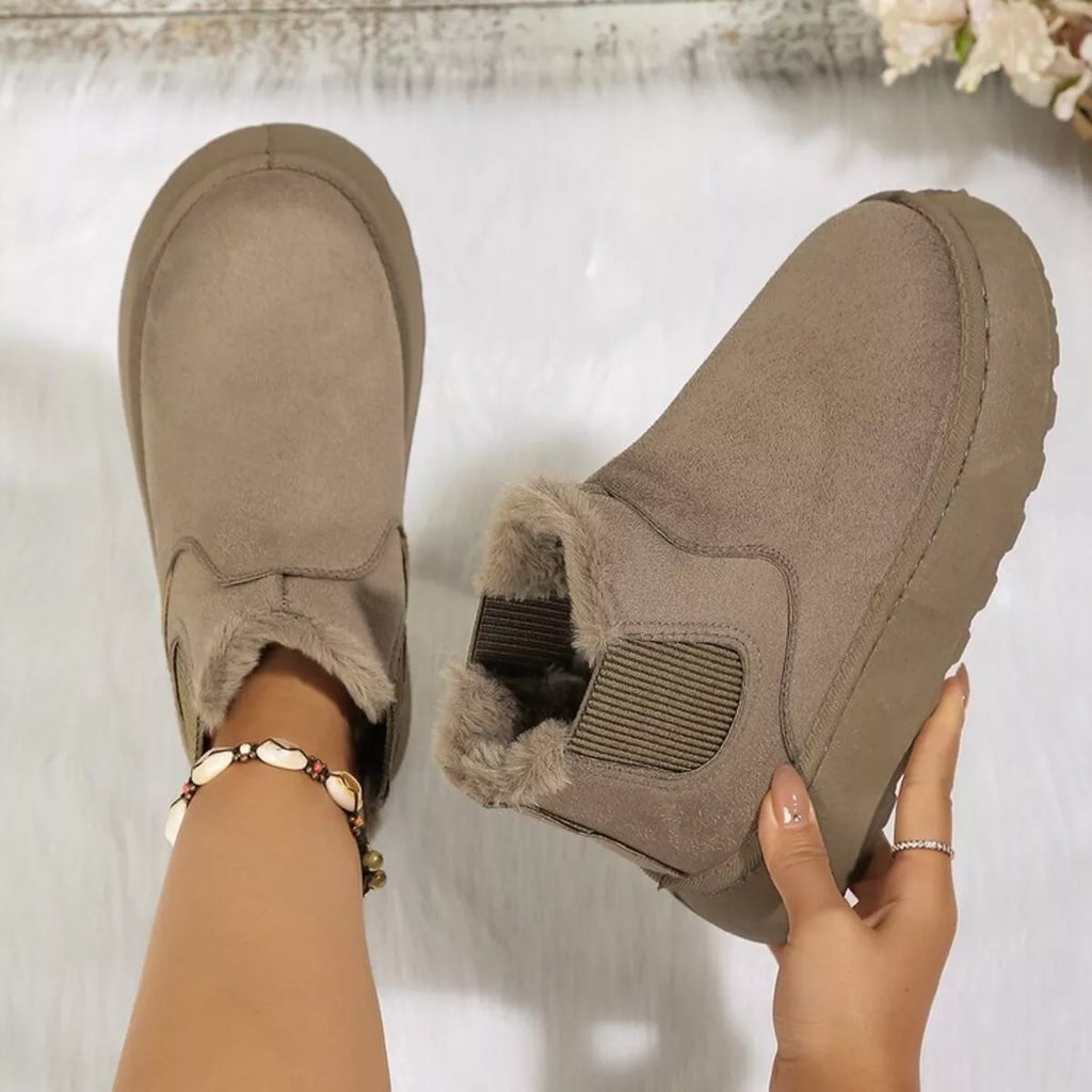Caramel suede platform ankle boots with round toe and faux fur cuff