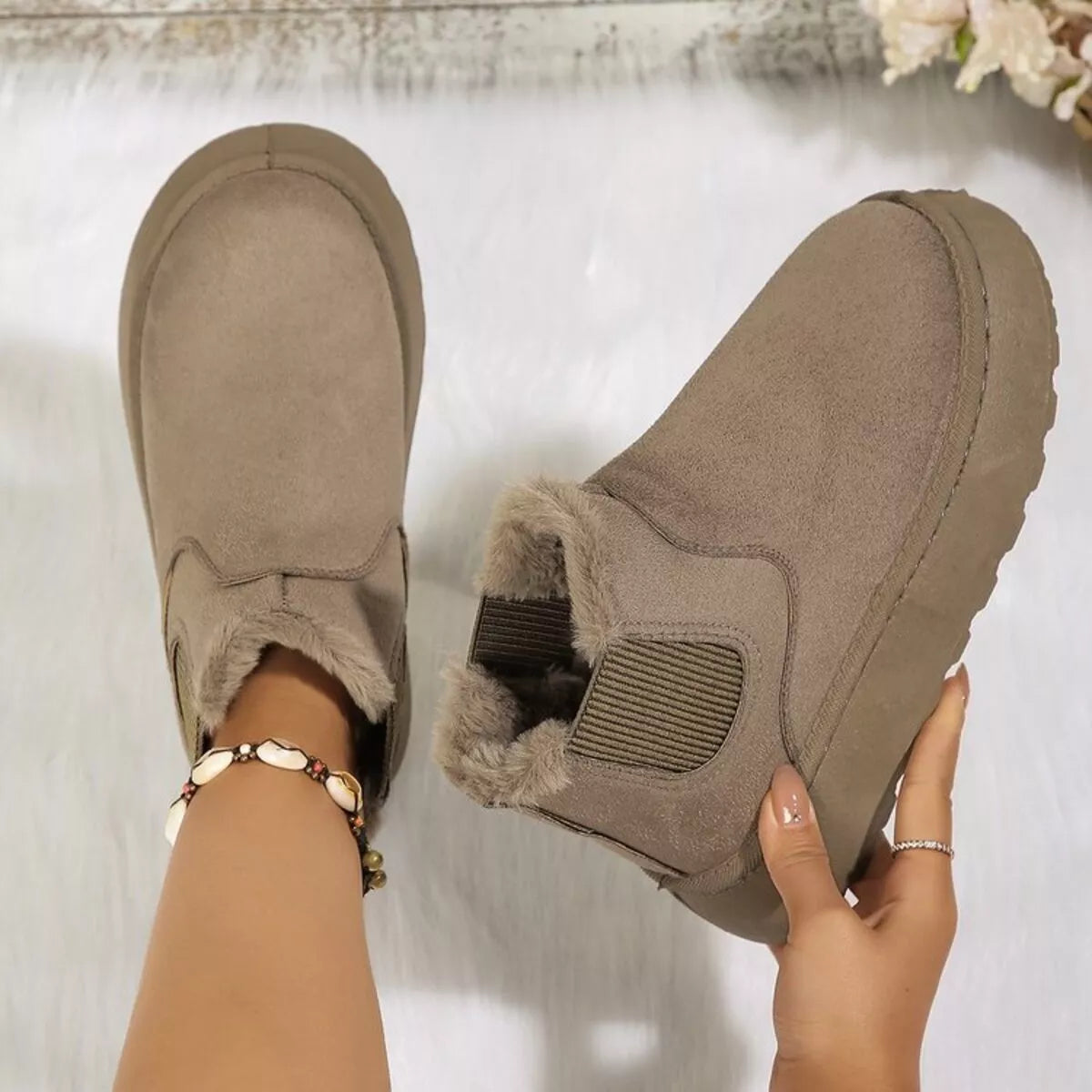 Caramel suede platform ankle boots with round toe and faux fur cuff