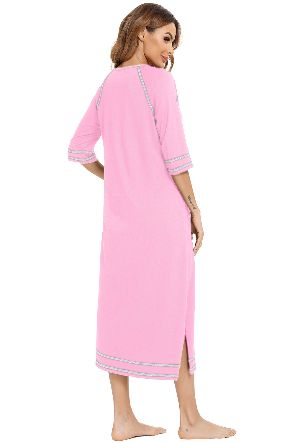 Blush pink zip-up round neck night dress, back view with contrast trim and slit