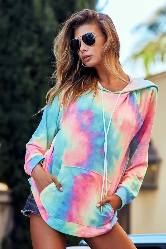 Pastel tie-dye French terry hoodie with hood, long sleeves, and kangaroo pocket
