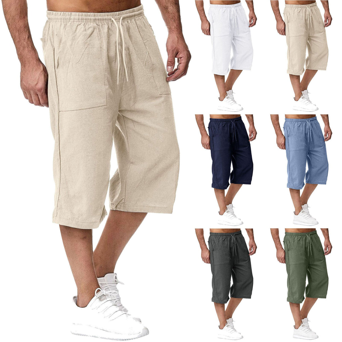 Men's beige cotton-linen drawstring shorts with elastic waist and side pockets