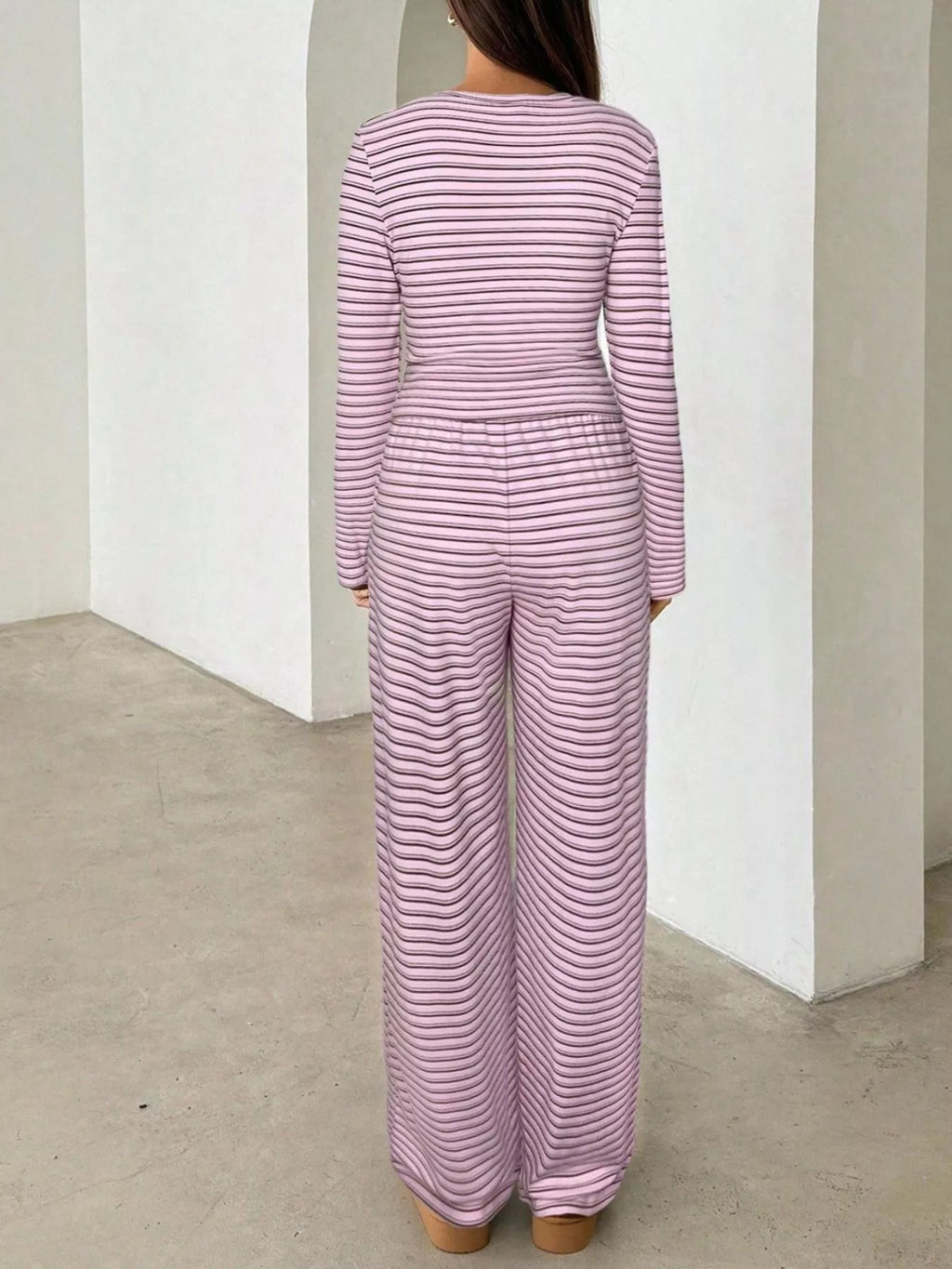 Striped long-sleeve crop top and wide-leg pants set in pink and white stripes