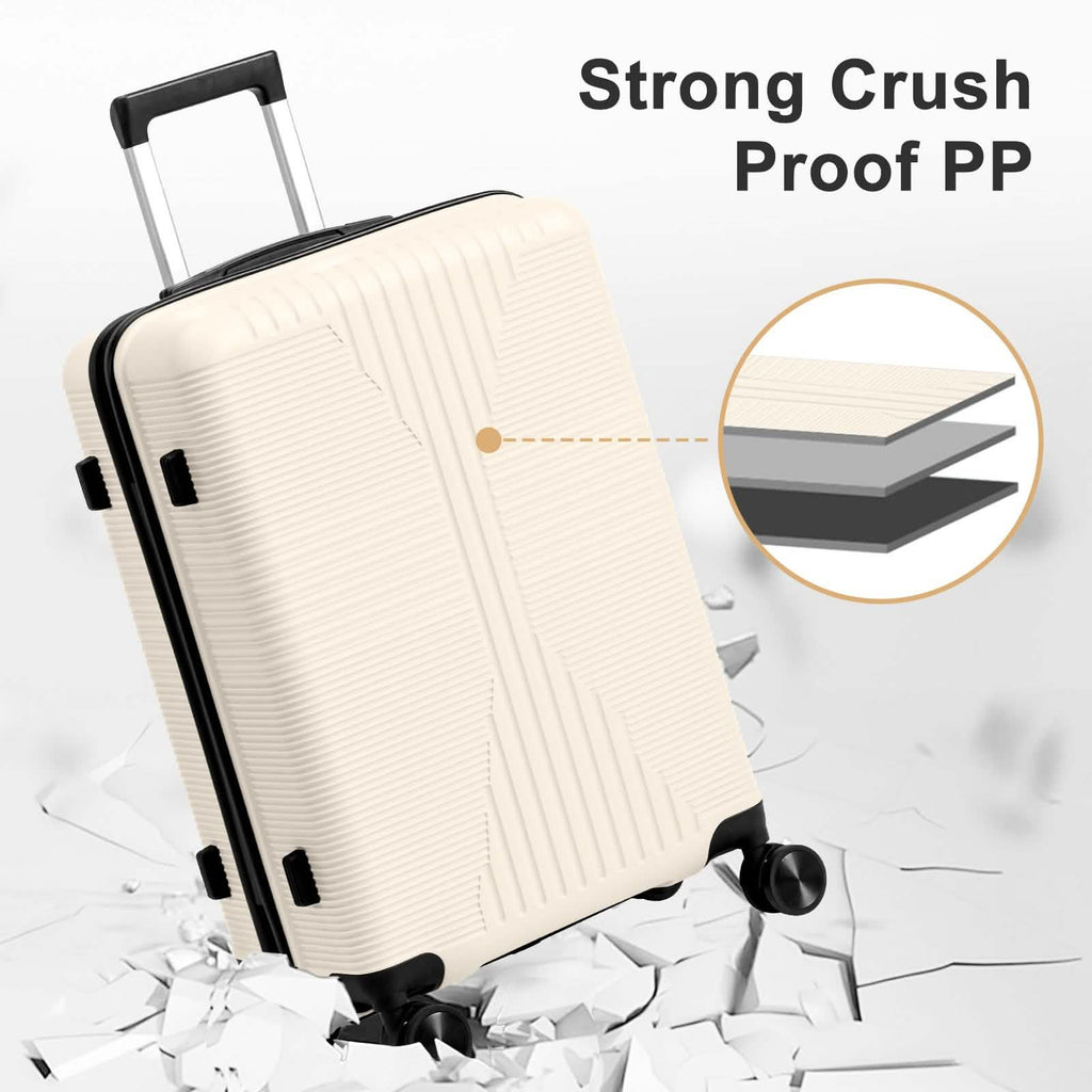 Light-color hardshell suitcase with telescoping handle and corner bump guards