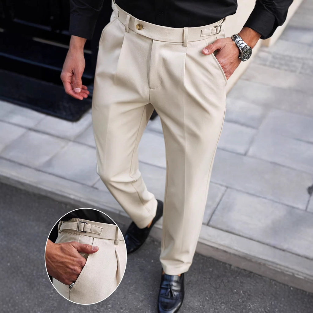 Light beige straight-leg business trousers with belt loops, button closure, and side pockets