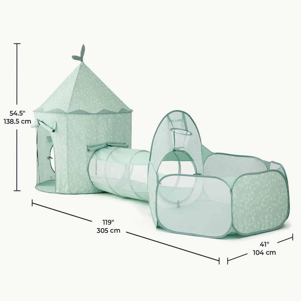Mint green play tunnel size chart with tent and extended tunnel dimensions