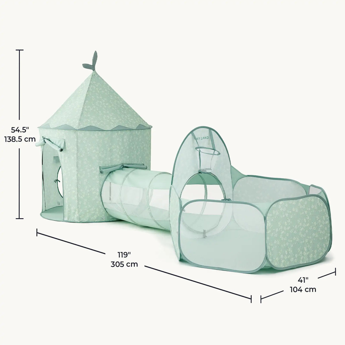 Mint green play tunnel size chart with tent and extended tunnel dimensions