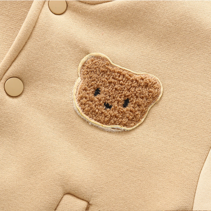 Fleece-lined baby baseball coat in light beige with teddy bear patch