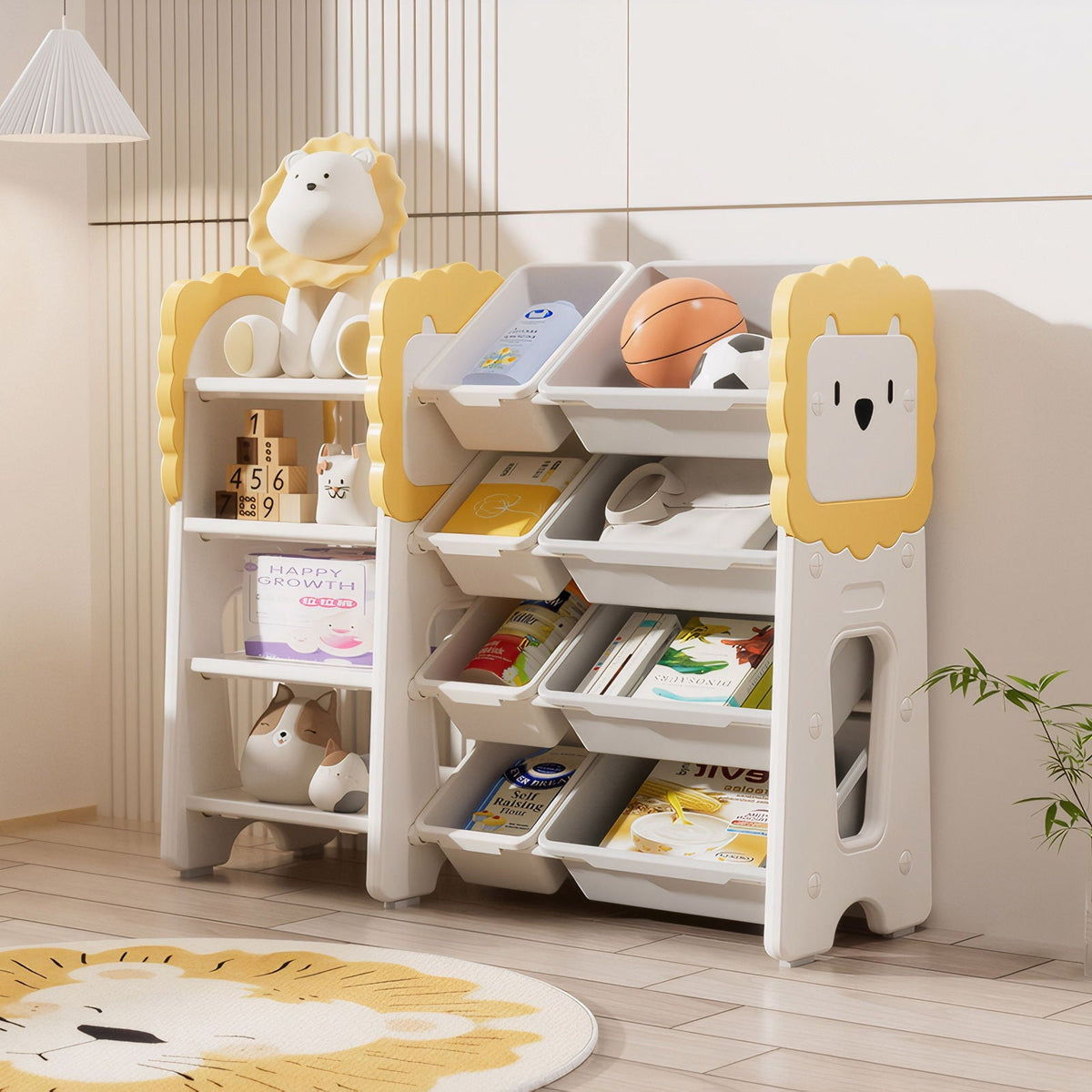 Kids 4-tier toy organizer with animal-shaped side panels and open front storage bins