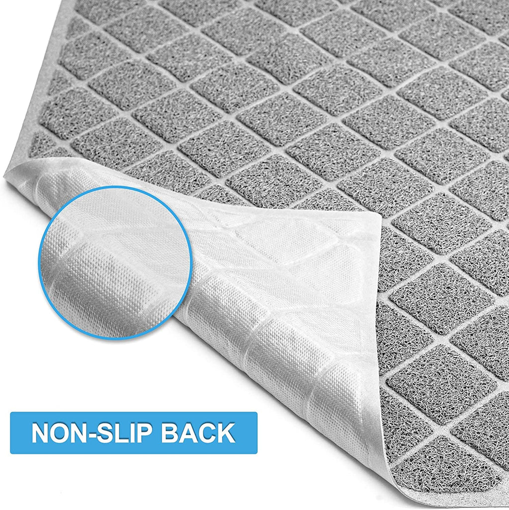 Gray cat litter mat folded back to show its non-slip backing