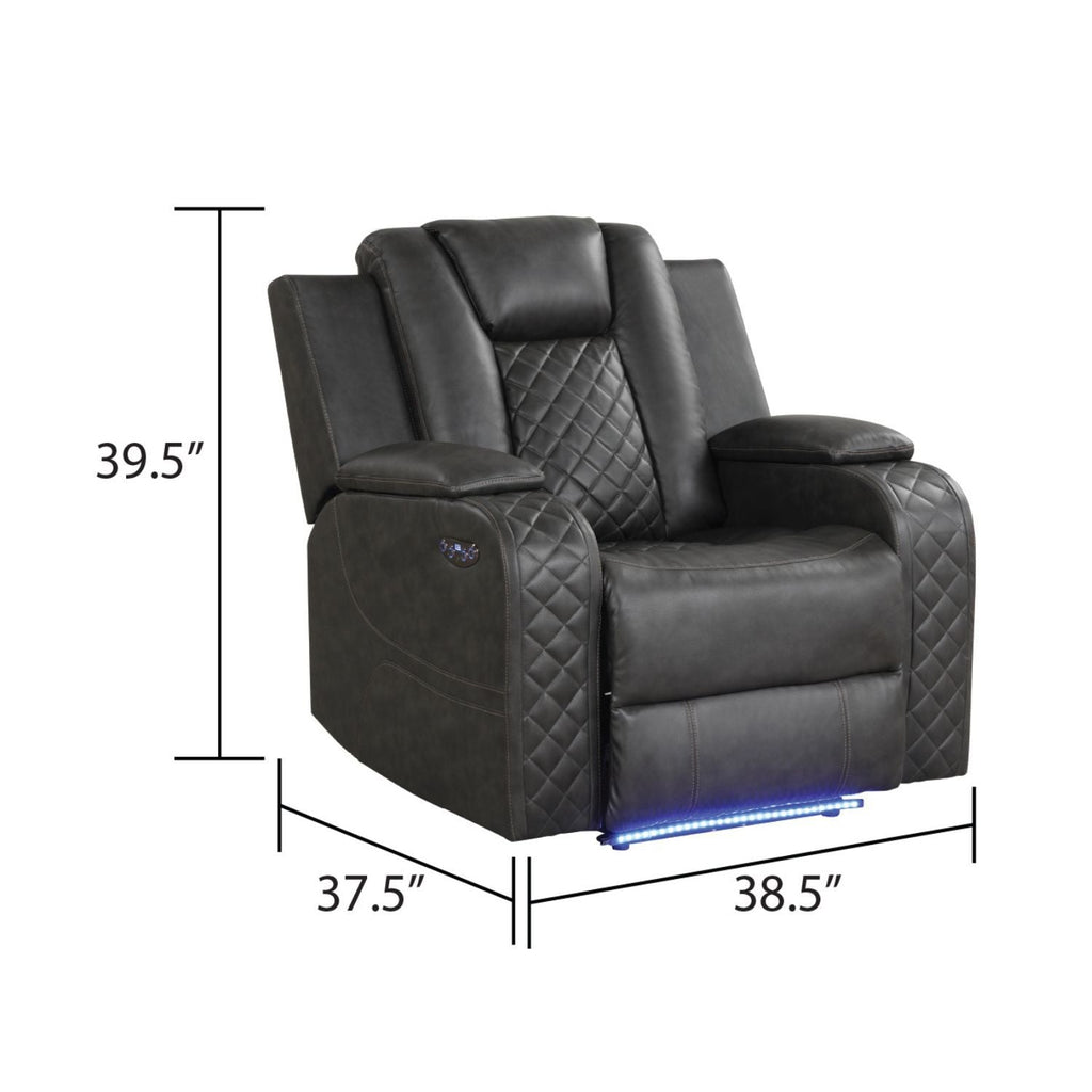 Black LED power recliner chair with quilted arm panels, blue LED light strip at base