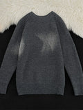Dark gray knit round-neck long-sleeve sweater with ribbed cuffs and hem