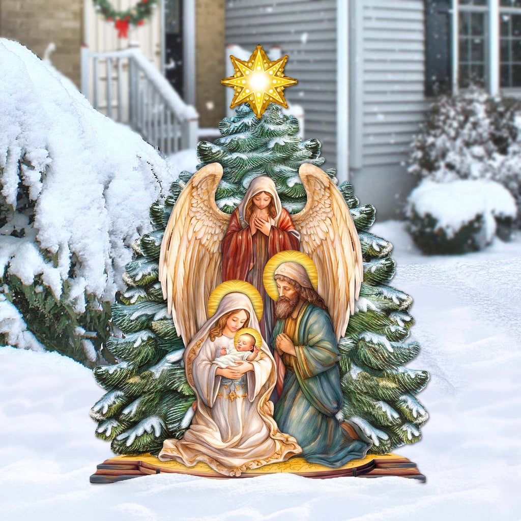 Nativity outdoor decoration with star topper, Mary holding baby Jesus, Joseph, and angel wings