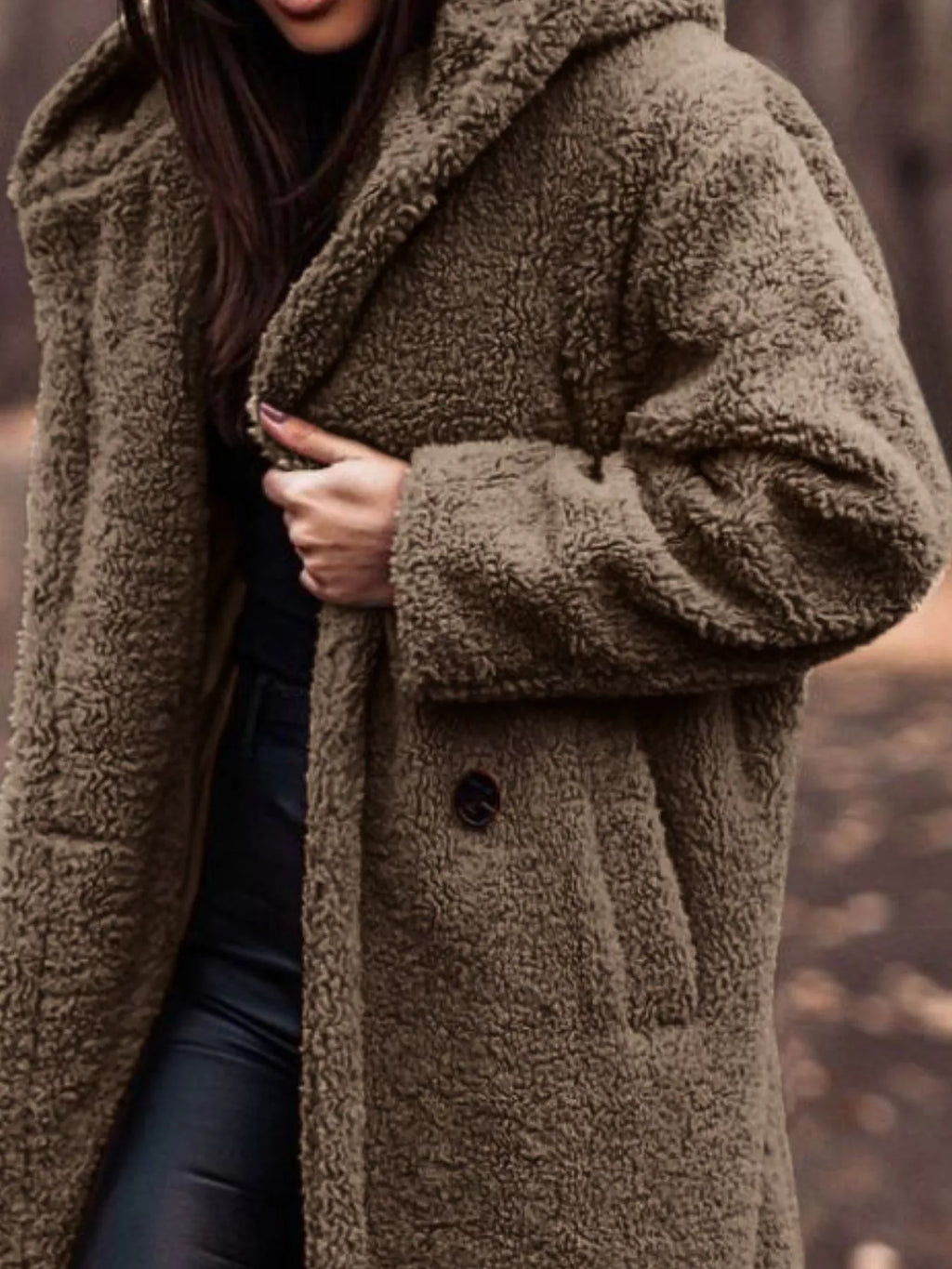 Beige teddy-fleece longline coat with hood and button-front closure