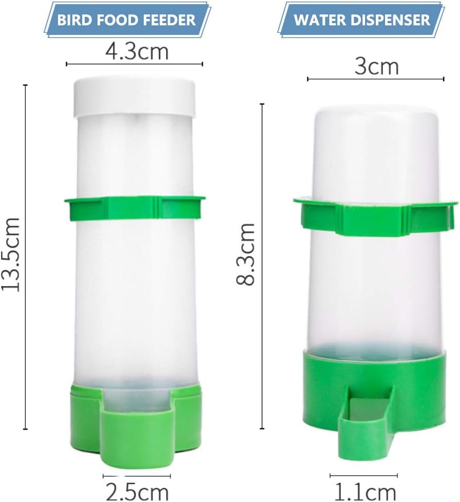 Bird feeder set with a seed dispenser and water dispenser, shown with measurements