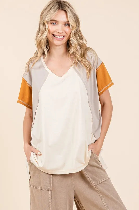Color-block V-neck short-sleeve t-shirt, cream with orange sleeve panels