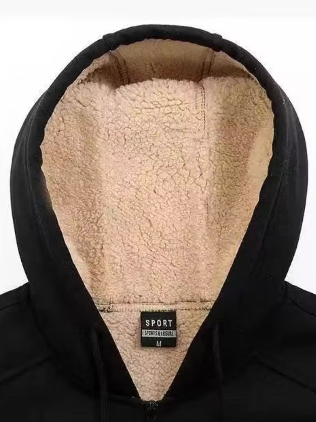 Black hooded fleece jacket interior with beige sherpa lining and SPORT tag
