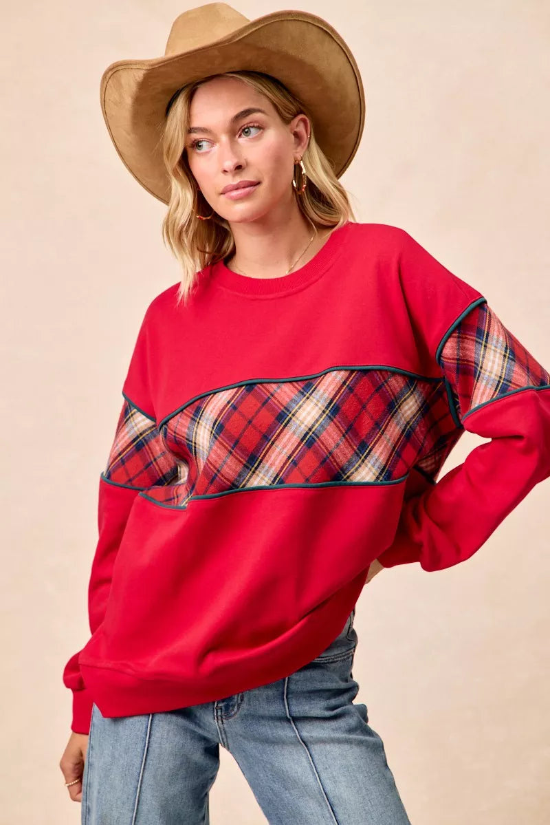 Red plaid block sweatshirt with teal-trim band, relaxed fit, long sleeves