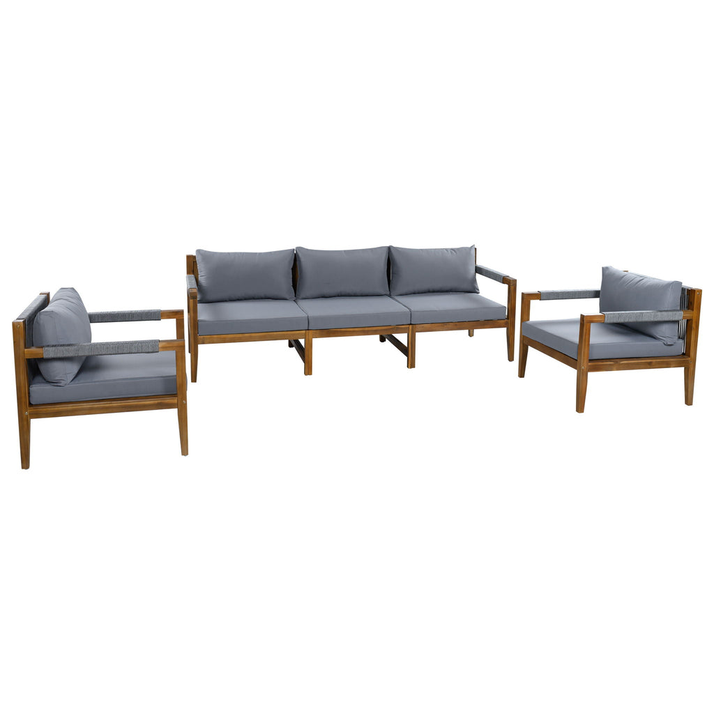 Dark gray outdoor loveseat sofa with acacia wood frame and padded back cushions