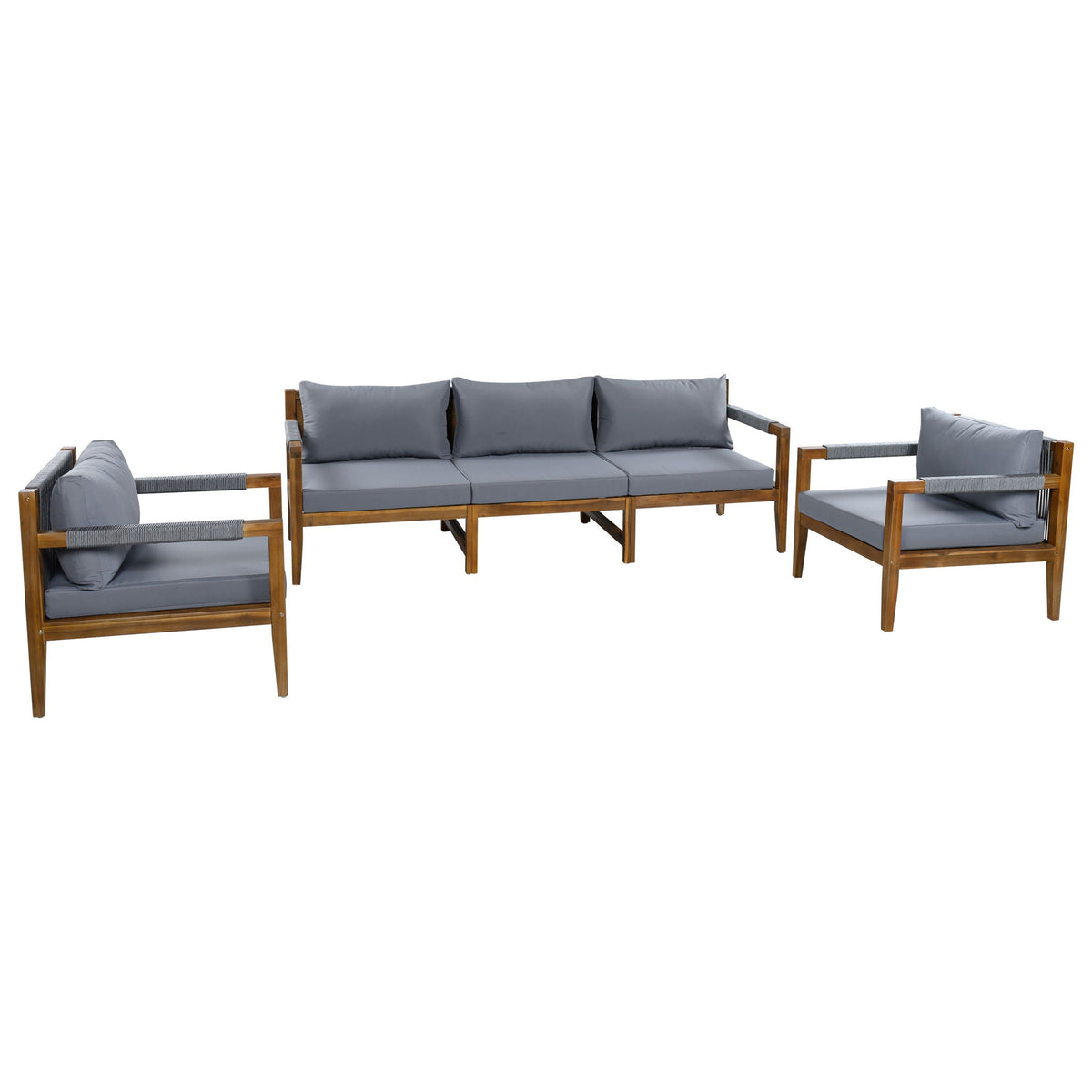 Dark gray outdoor loveseat sofa with acacia wood frame and padded back cushions