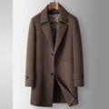 Men's mid-length wool coat with detachable quilted down inner, camel brown, front
