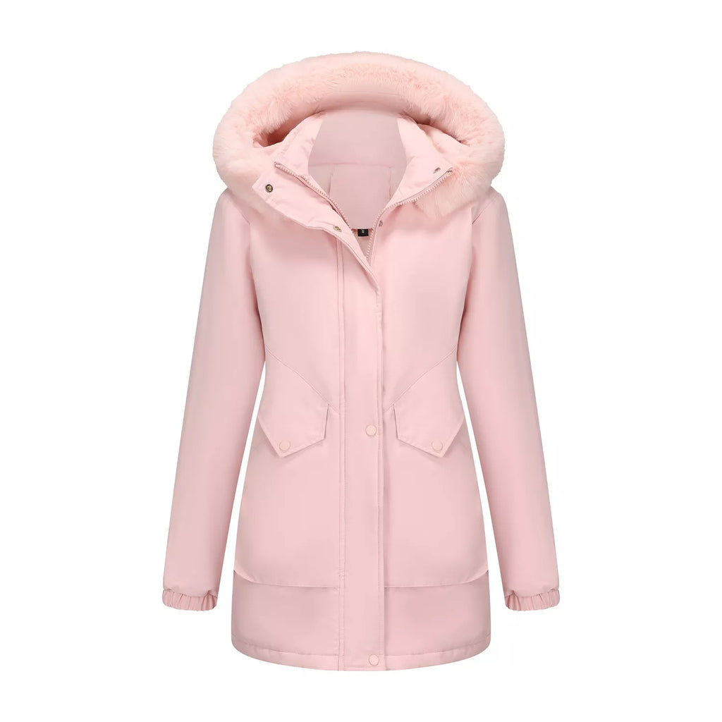 Pink hooded winter parka with faux-fur trim, front button placket, and dual chest pockets