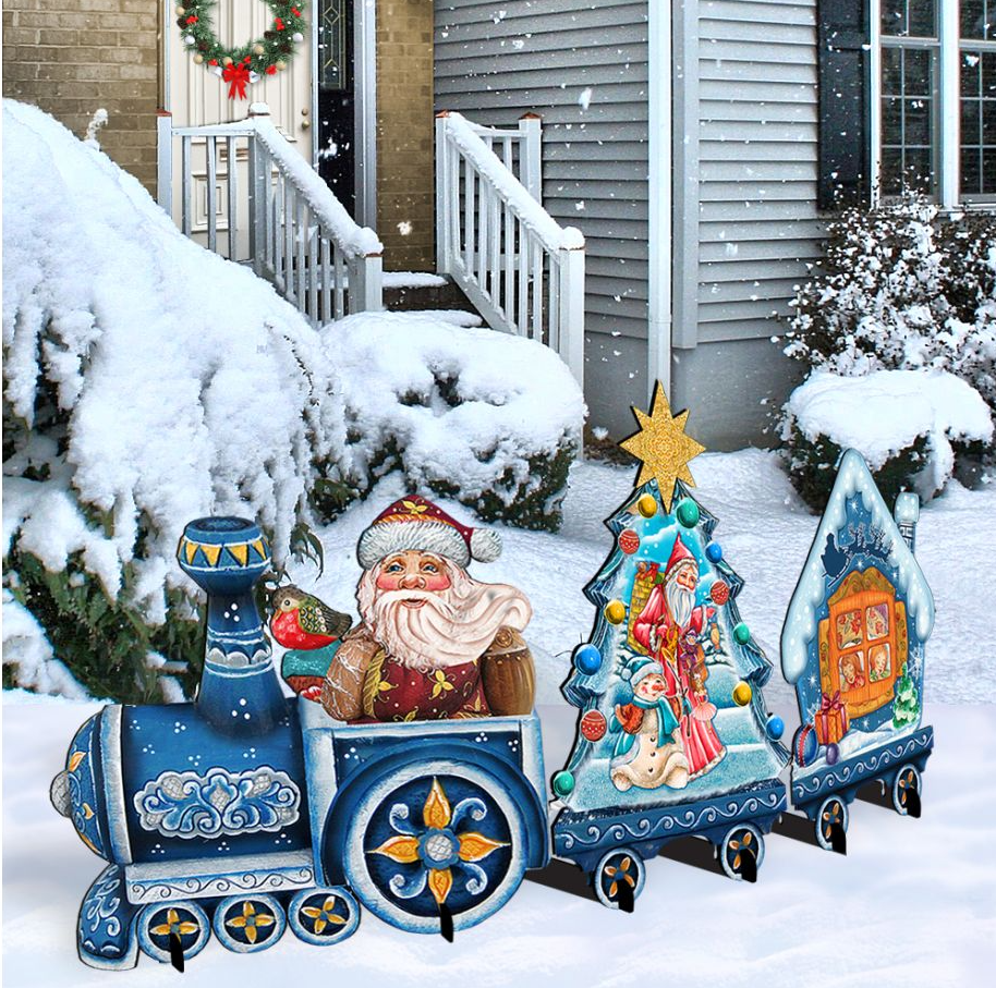 Blue holiday train decor with Santa and snowman figures, topped with a gold star