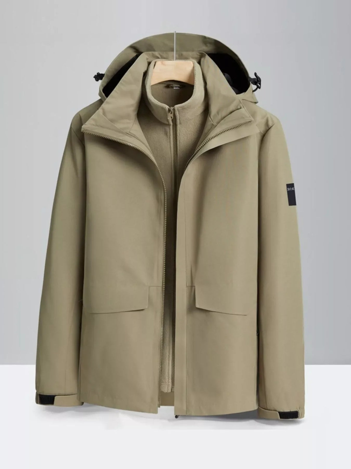 Army green zip-up hooded waterproof jacket with front pockets