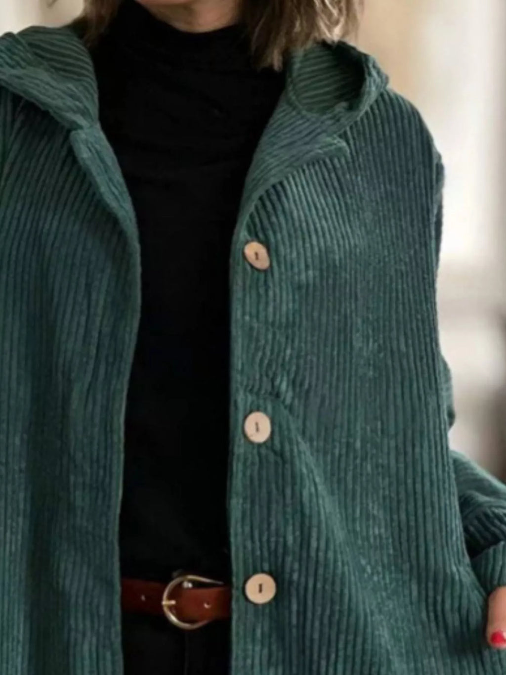 Plus-size corduroy hooded button-up jacket, green, front buttons and hood