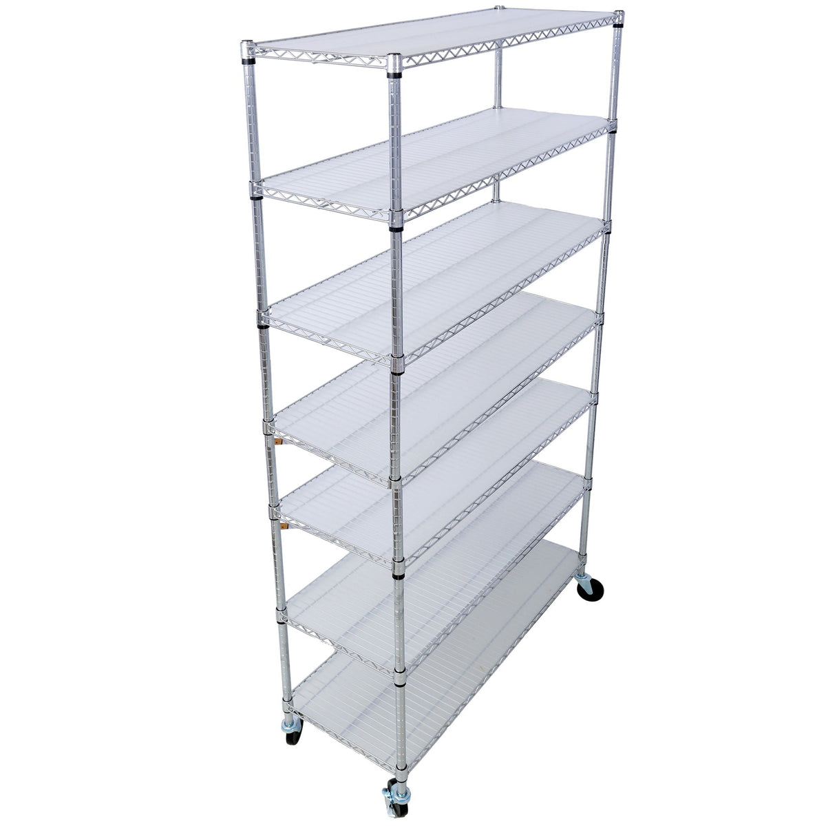 Silver metal wire 7-tier shelving unit with wheels and grid wire shelves