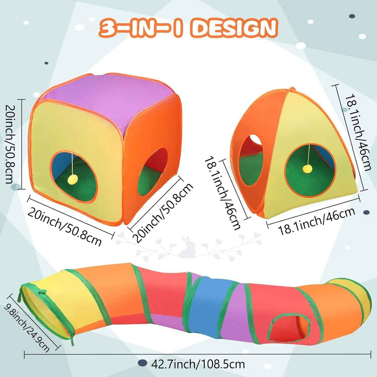 Rainbow rabbit play set with cube, tent, and 42.7-inch collapsible tunnel; dimensions shown