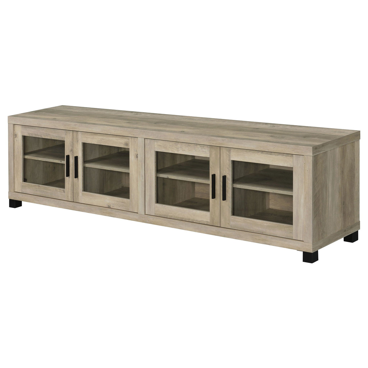 Distressed pine TV stand rear corner view with multiple open shelves and black feet