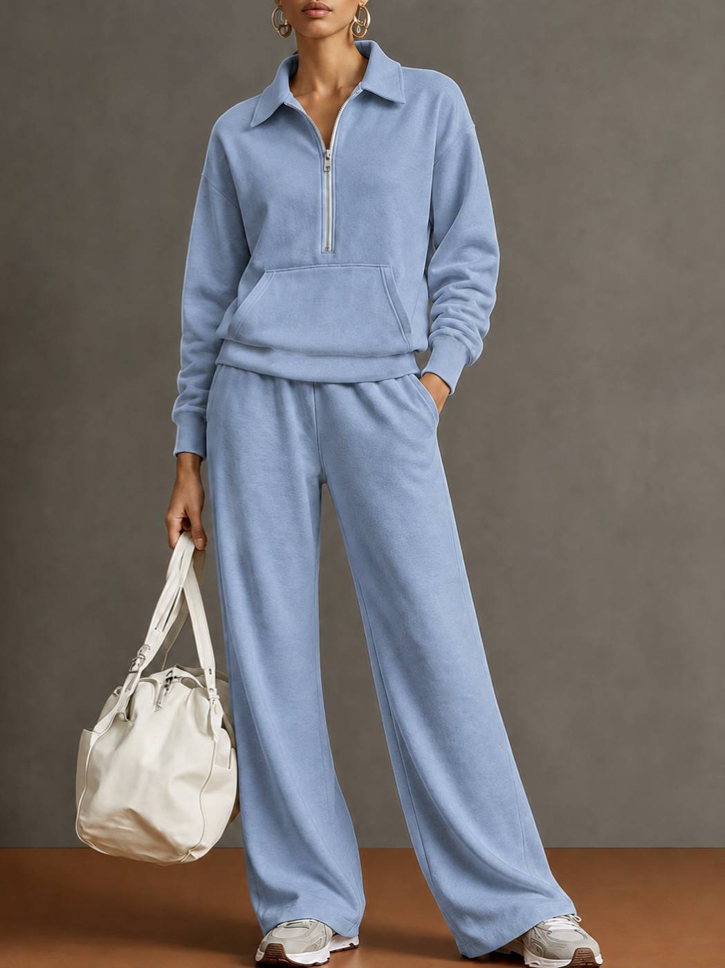Women’s half-zip sweatshirt and wide-leg pants set, light blue lounge outfit