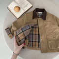 Beige plaid patchwork jacket with brown collar and button front